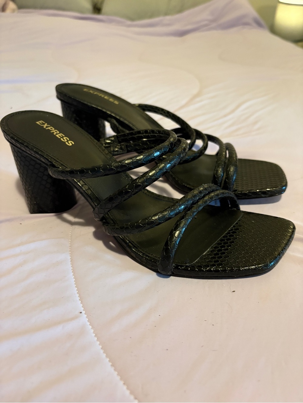 Express Black Faux-Snakeskin Strappy Block Heels